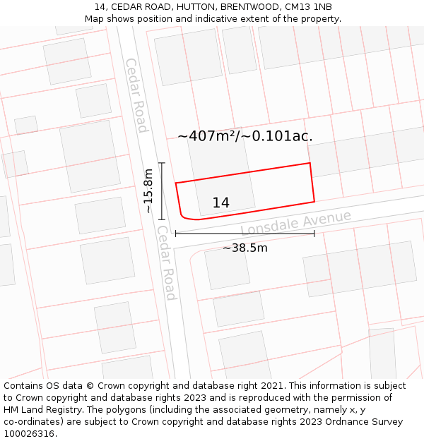 14, CEDAR ROAD, HUTTON, BRENTWOOD, CM13 1NB: Plot and title map