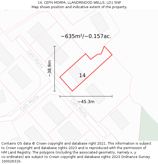 14, CEFN MORFA, LLANDRINDOD WELLS, LD1 5NP: Plot and title map