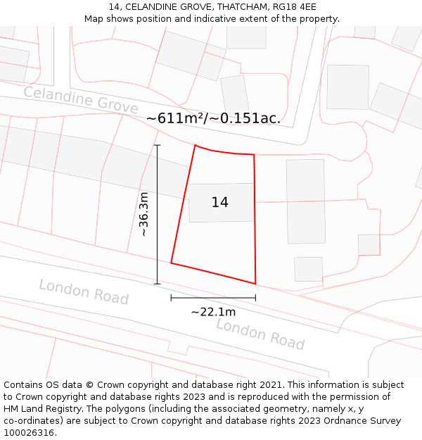 14, CELANDINE GROVE, THATCHAM, RG18 4EE: Plot and title map