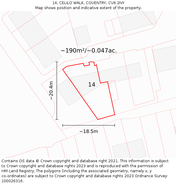 14, CELILO WALK, COVENTRY, CV6 2NY: Plot and title map