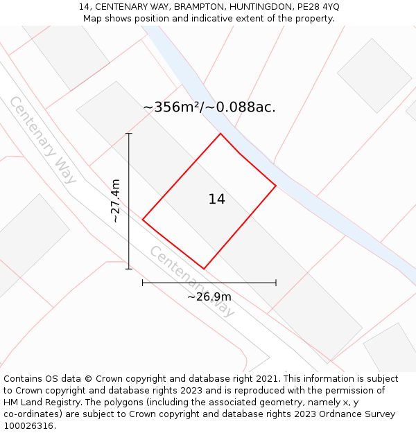 14, CENTENARY WAY, BRAMPTON, HUNTINGDON, PE28 4YQ: Plot and title map