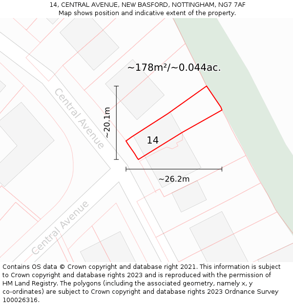 14, CENTRAL AVENUE, NEW BASFORD, NOTTINGHAM, NG7 7AF: Plot and title map