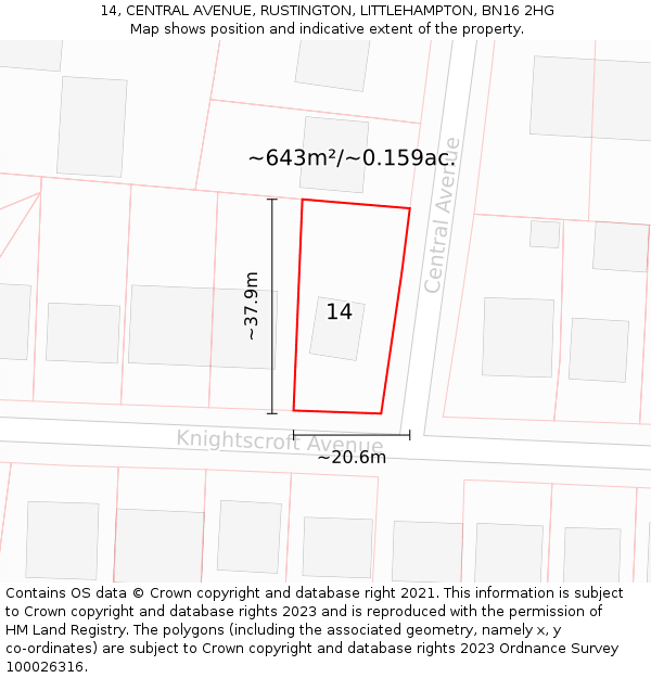 14, CENTRAL AVENUE, RUSTINGTON, LITTLEHAMPTON, BN16 2HG: Plot and title map