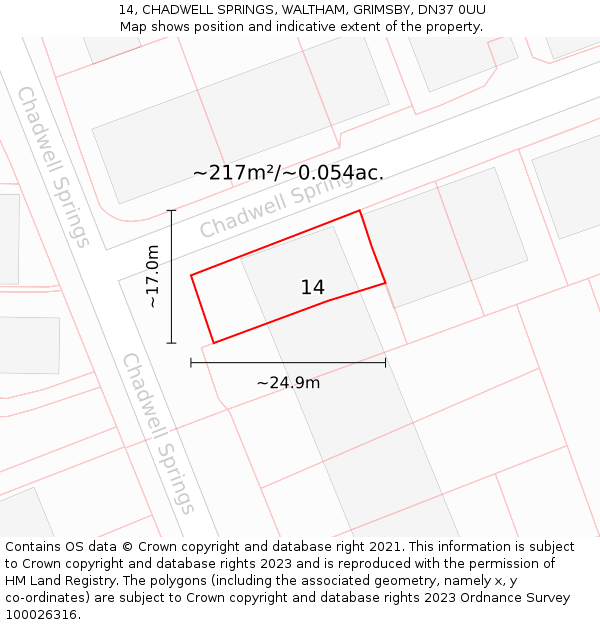 14, CHADWELL SPRINGS, WALTHAM, GRIMSBY, DN37 0UU: Plot and title map