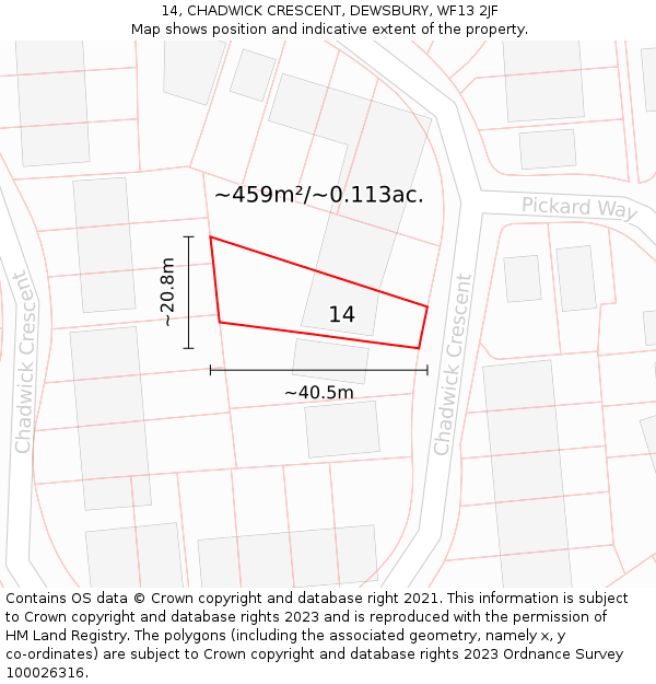 14, CHADWICK CRESCENT, DEWSBURY, WF13 2JF: Plot and title map