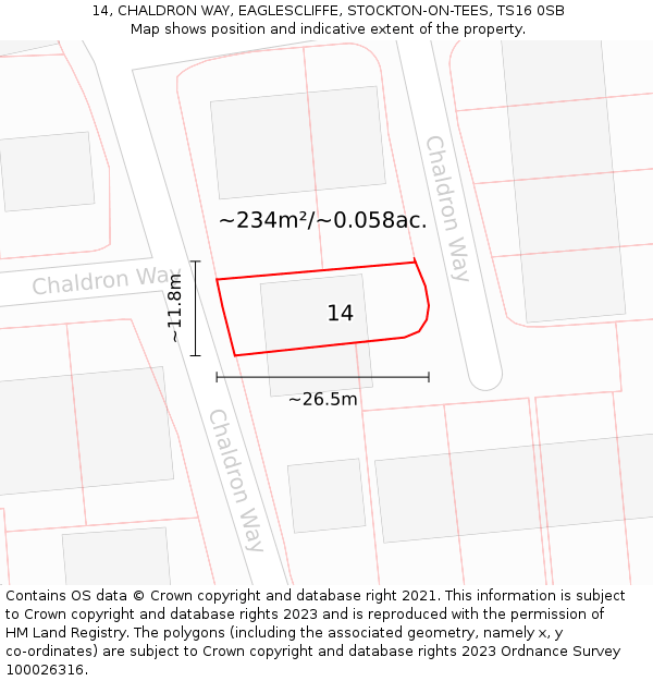 14, CHALDRON WAY, EAGLESCLIFFE, STOCKTON-ON-TEES, TS16 0SB: Plot and title map