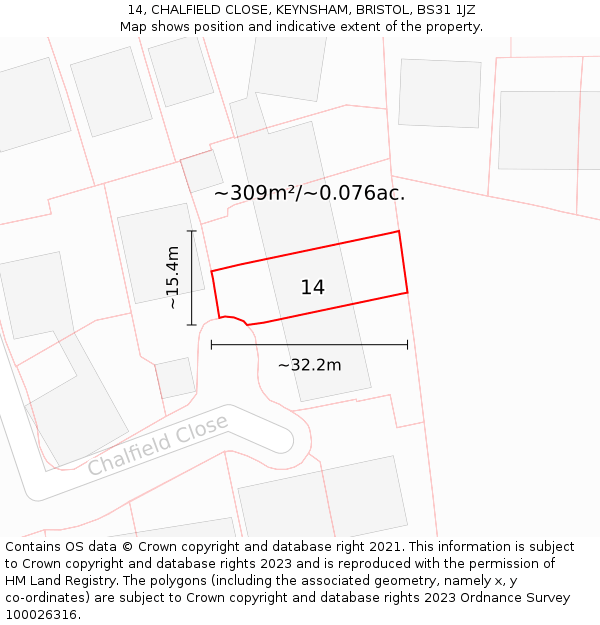14, CHALFIELD CLOSE, KEYNSHAM, BRISTOL, BS31 1JZ: Plot and title map