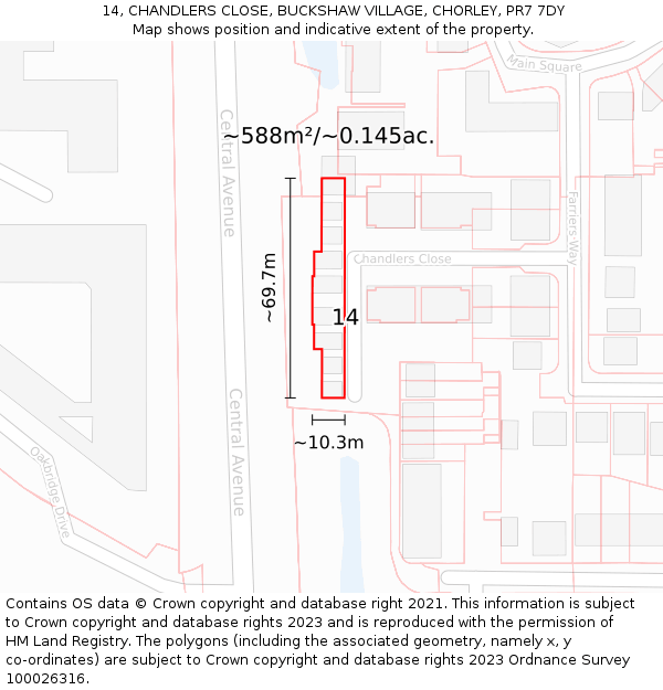 14, CHANDLERS CLOSE, BUCKSHAW VILLAGE, CHORLEY, PR7 7DY: Plot and title map