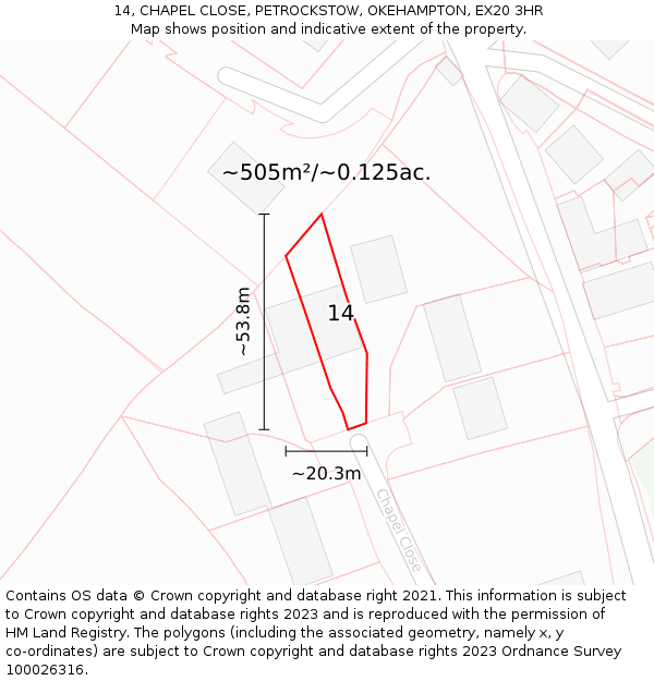 14, CHAPEL CLOSE, PETROCKSTOW, OKEHAMPTON, EX20 3HR: Plot and title map