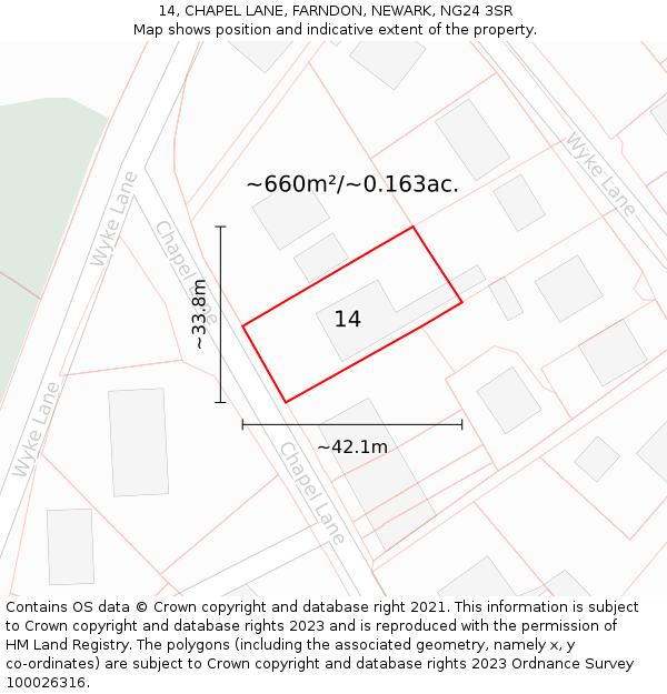 14, CHAPEL LANE, FARNDON, NEWARK, NG24 3SR: Plot and title map