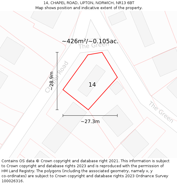 14, CHAPEL ROAD, UPTON, NORWICH, NR13 6BT: Plot and title map