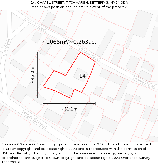 14, CHAPEL STREET, TITCHMARSH, KETTERING, NN14 3DA: Plot and title map