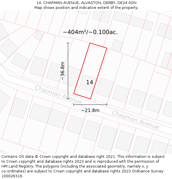 14, CHAPMAN AVENUE, ALVASTON, DERBY, DE24 0GN: Plot and title map