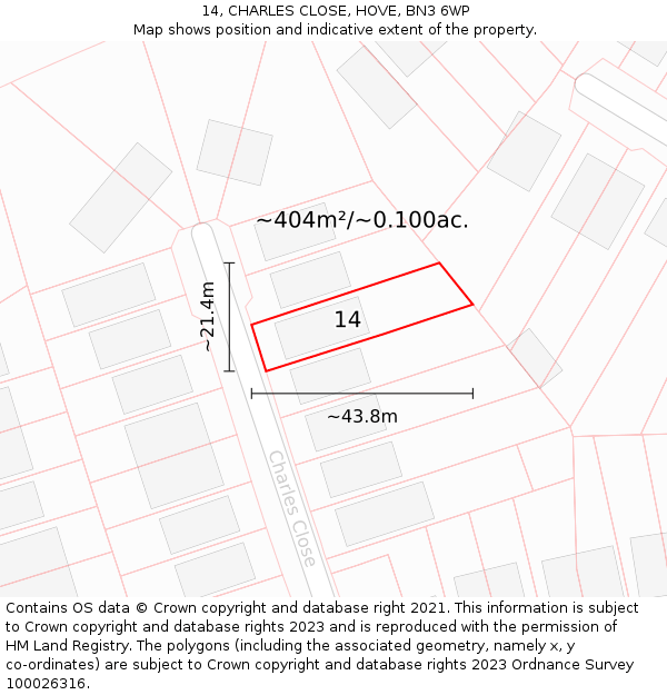 14, CHARLES CLOSE, HOVE, BN3 6WP: Plot and title map