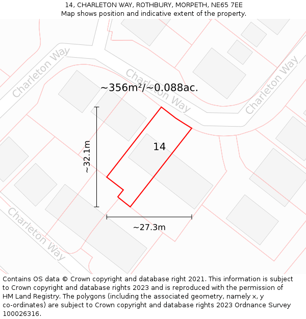 14, CHARLETON WAY, ROTHBURY, MORPETH, NE65 7EE: Plot and title map