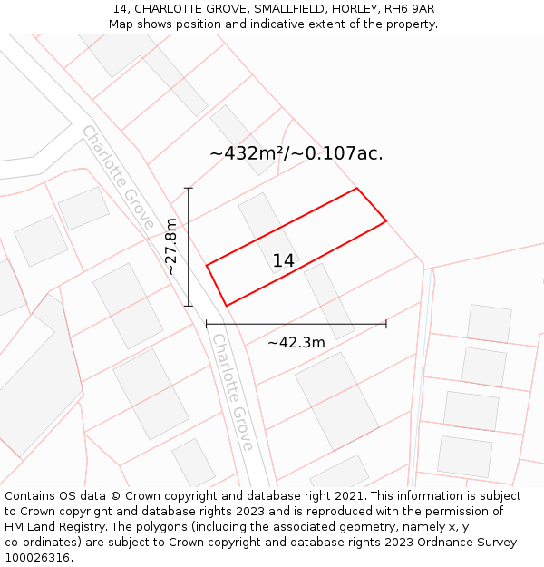 14, CHARLOTTE GROVE, SMALLFIELD, HORLEY, RH6 9AR: Plot and title map