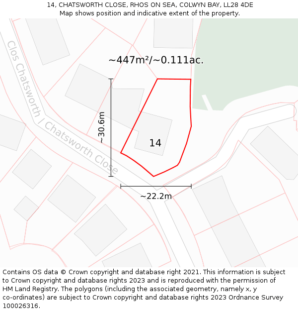 14, CHATSWORTH CLOSE, RHOS ON SEA, COLWYN BAY, LL28 4DE: Plot and title map