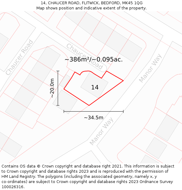 14, CHAUCER ROAD, FLITWICK, BEDFORD, MK45 1QG: Plot and title map