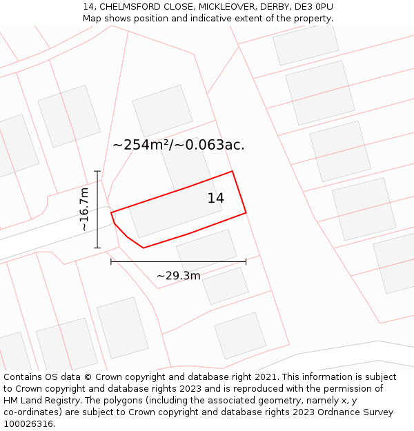 14, CHELMSFORD CLOSE, MICKLEOVER, DERBY, DE3 0PU: Plot and title map