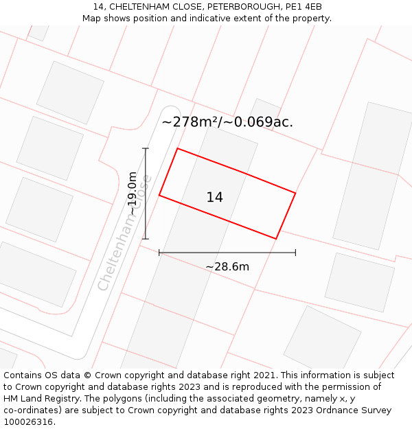 14, CHELTENHAM CLOSE, PETERBOROUGH, PE1 4EB: Plot and title map