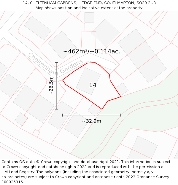 14, CHELTENHAM GARDENS, HEDGE END, SOUTHAMPTON, SO30 2UR: Plot and title map