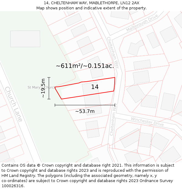 14, CHELTENHAM WAY, MABLETHORPE, LN12 2AX: Plot and title map