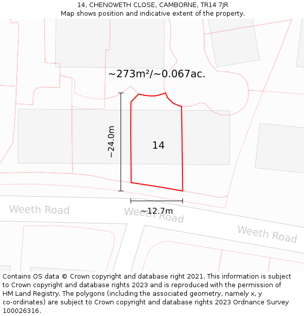 14, CHENOWETH CLOSE, CAMBORNE, TR14 7JR: Plot and title map