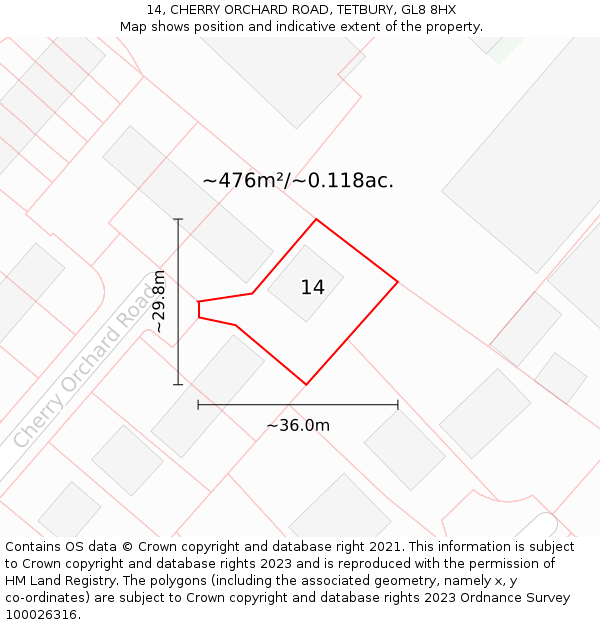 14, CHERRY ORCHARD ROAD, TETBURY, GL8 8HX: Plot and title map