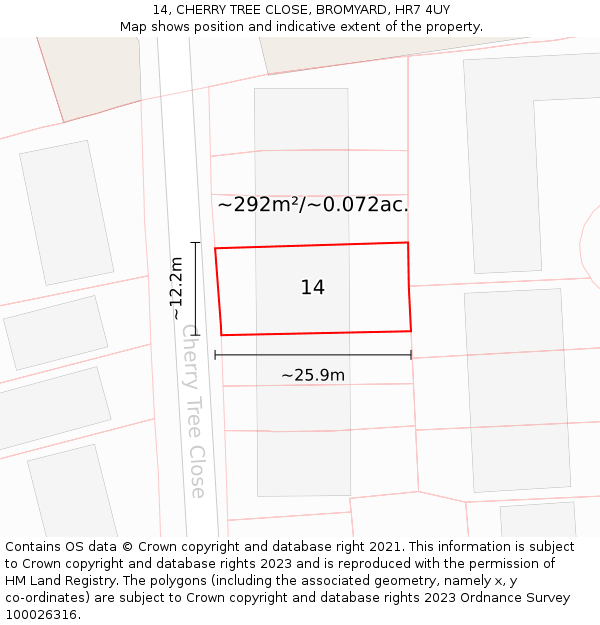 14, CHERRY TREE CLOSE, BROMYARD, HR7 4UY: Plot and title map