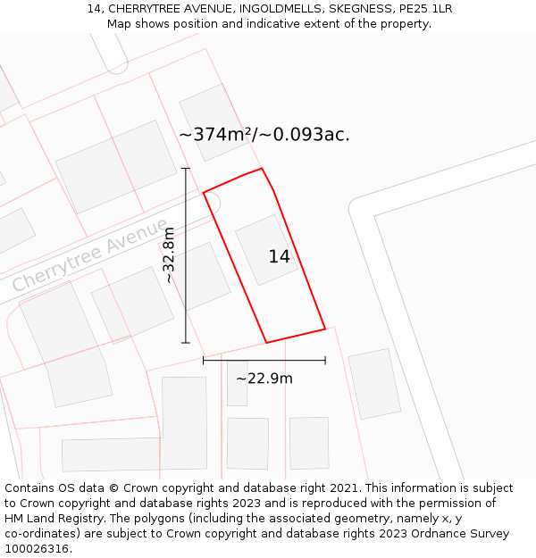 14, CHERRYTREE AVENUE, INGOLDMELLS, SKEGNESS, PE25 1LR: Plot and title map