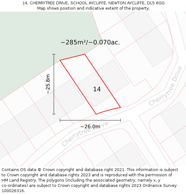 14, CHERRYTREE DRIVE, SCHOOL AYCLIFFE, NEWTON AYCLIFFE, DL5 6GG: Plot and title map
