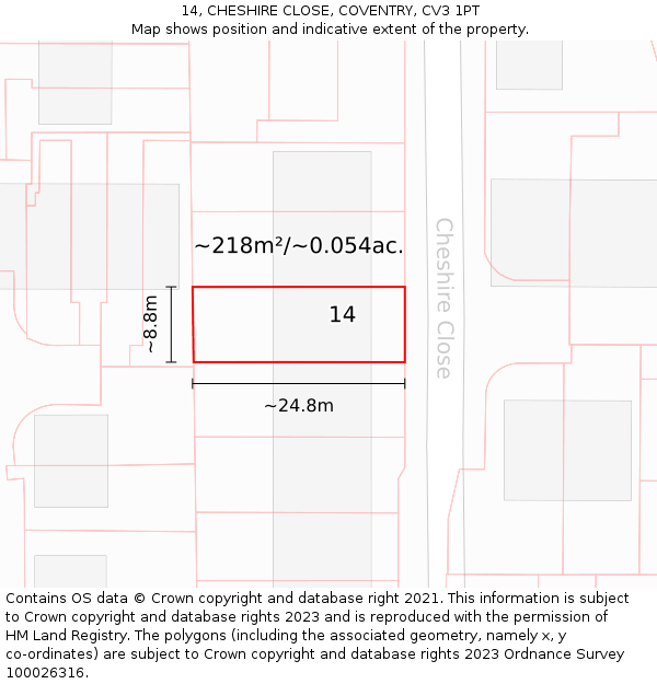 14, CHESHIRE CLOSE, COVENTRY, CV3 1PT: Plot and title map