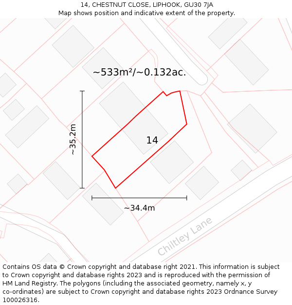 14, CHESTNUT CLOSE, LIPHOOK, GU30 7JA: Plot and title map