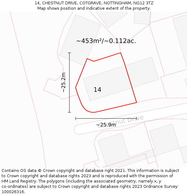 14, CHESTNUT DRIVE, COTGRAVE, NOTTINGHAM, NG12 3TZ: Plot and title map