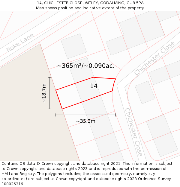 14, CHICHESTER CLOSE, WITLEY, GODALMING, GU8 5PA: Plot and title map