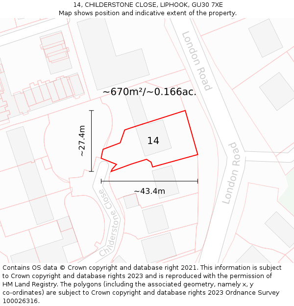 14, CHILDERSTONE CLOSE, LIPHOOK, GU30 7XE: Plot and title map