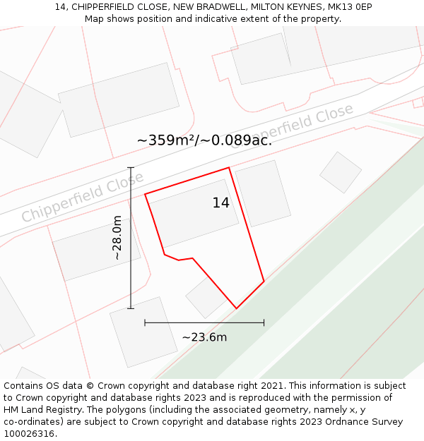 14, CHIPPERFIELD CLOSE, NEW BRADWELL, MILTON KEYNES, MK13 0EP: Plot and title map