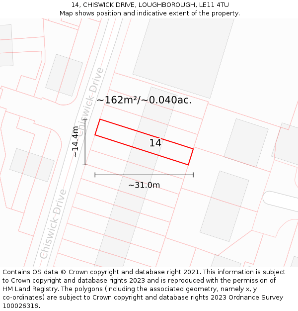 14, CHISWICK DRIVE, LOUGHBOROUGH, LE11 4TU: Plot and title map