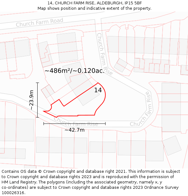 14, CHURCH FARM RISE, ALDEBURGH, IP15 5BF: Plot and title map