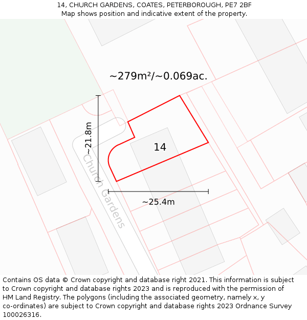 14, CHURCH GARDENS, COATES, PETERBOROUGH, PE7 2BF: Plot and title map