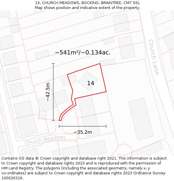 14, CHURCH MEADOWS, BOCKING, BRAINTREE, CM7 5SL: Plot and title map