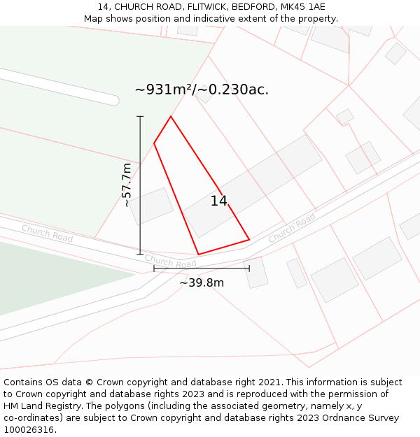 14, CHURCH ROAD, FLITWICK, BEDFORD, MK45 1AE: Plot and title map