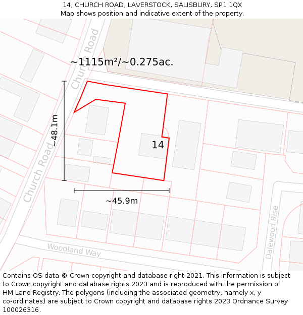 14, CHURCH ROAD, LAVERSTOCK, SALISBURY, SP1 1QX: Plot and title map