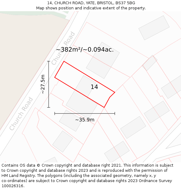 14, CHURCH ROAD, YATE, BRISTOL, BS37 5BG: Plot and title map