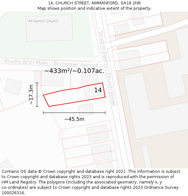 14, CHURCH STREET, AMMANFORD, SA18 2NR: Plot and title map