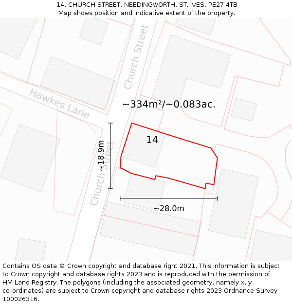 14, CHURCH STREET, NEEDINGWORTH, ST. IVES, PE27 4TB: Plot and title map