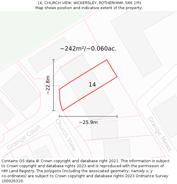 14, CHURCH VIEW, WICKERSLEY, ROTHERHAM, S66 1YN: Plot and title map