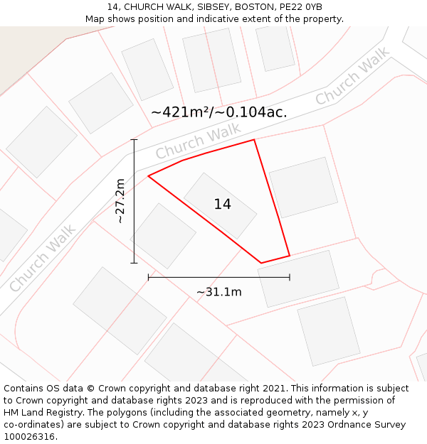 14, CHURCH WALK, SIBSEY, BOSTON, PE22 0YB: Plot and title map
