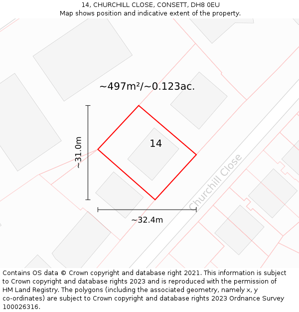 14, CHURCHILL CLOSE, CONSETT, DH8 0EU: Plot and title map
