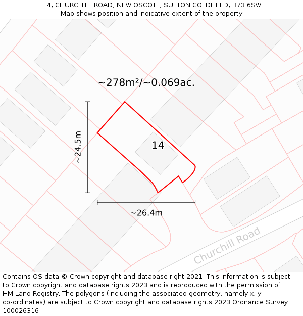 14, CHURCHILL ROAD, NEW OSCOTT, SUTTON COLDFIELD, B73 6SW: Plot and title map